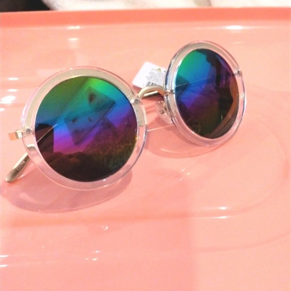 Round Rainbow MIRROR Sunglasses Clear Frames GLAM Fairygoth Hippie Festival City